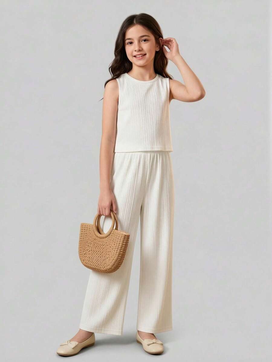 Tween Girls' Sleeveless Top + Pants 2-Piece Set, Solid Color Pleated Casual Beach Holiday Outfit, Spring/Summer - White - View 1