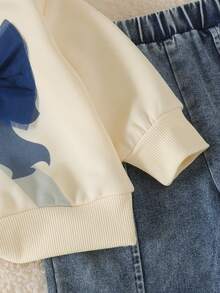 2pcs Baby Girl Casual Mesh Bow Long Sleeve Sweatshirt & 3D Bow Denim Pants Set, Spring/Autumn - Apricot - View 6