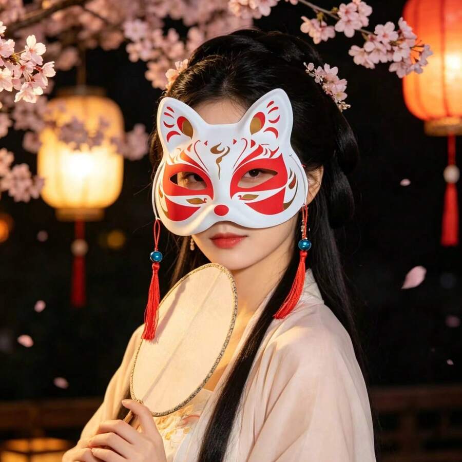 1PC Vintage Japanese Style Half Face Painted Fox Mask, Suitable For Ball Party, Stage Performance, COS Costume, Halloween Christmas Dress Up - Multicolor - View 1
