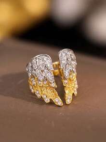 2pcs Women's Adjustable Open Feather Ring Set, Two-Tone Gold Silver Paved CZ Stackable Statement Rings, Finger Jewelry Gift - Multicolor - View 7