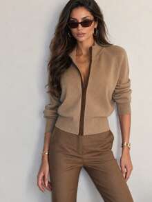 Women's New Autumn High Neck Knit Cardigan, Casual Daily, College, Commute - Khaki - View 6