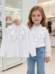 1pc Girls Back To School Spring/Autumn Shirt, Fashion Elegant Small Stand Collar Lace Design Solid Color Long Sleeve Button-Up Top, Little Girl Outdoor Party Daily School Style Campus Outfit - White - View 1