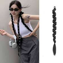 Black Asymmetrical Long Ponytail Hair Extension Scrunchie For Women, Fashionable Twisted Braid Hair Accessory, Influencer Style - Black - View 12