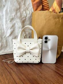 Girls Sweet Polka Dot Bow Mini Tote Bag, Kids Handbag With Chain Crossbody Strap, Princess Accessory Bag - B - View 4