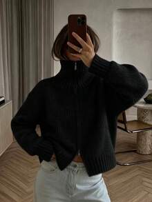 Women's New Autumn Knit Cardigan With Turn-Down Collar, Long Sleeve, Casual Daily Commute, College Style - Black - View 2