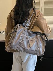 1件復古大容量手提包，復古PU肩背馬鞍包，女款休閒手提包與錢包 - 灰色 - 查看 7