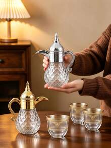 1pc/3pcs Arabic Plastic Lid Glass Textured Multi-Function Teapot & Teacup Set, Coffee Pot, Home Water Kettle, Suitable For Kitchen Induction Cooktop Or Gas Stove Direct Heating, Home Desktop Decor Teapot, Holiday Gift Teapot - Multicolor - View 1