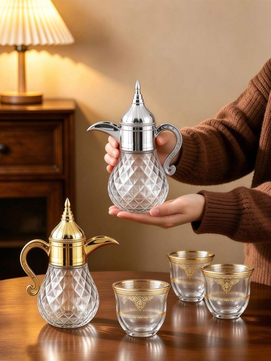 1pc/3pcs Arabic Plastic Lid Glass Textured Multi-Function Teapot & Teacup Set, Coffee Pot, Home Water Kettle, Suitable For Kitchen Induction Cooktop Or Gas Stove Direct Heating, Home Desktop Decor Teapot, Holiday Gift Teapot - Multicolor - View 1