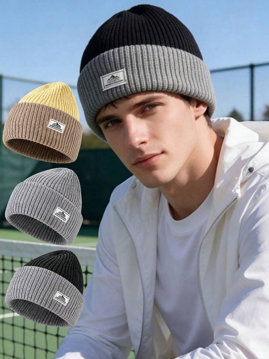 1PC Double Layer Thickened Knit Hat, Two-Tone Winter Warm Beanie Cap For Men Outdoor Activities - Multicolor - View 1