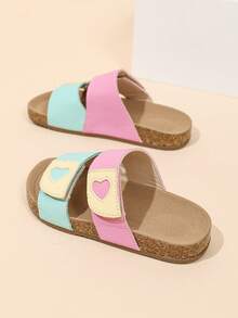 Summer Kids Colorblock Heart Decor Cork Sole Slippers, Girls Adjustable Hook & Loop Strap Slide Sandals For Outdoor - Pink - View 5