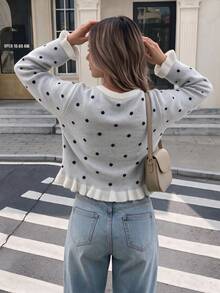 Sookaug Women's Vintage Polka Dot Fitted Round Neck Knit Cardigan, Early Autumn Pearl Single-Breasted Patchwork Ruffle Hem Long Sleeve Jacket, Polka Dot Knit Cardigan, Ruffle Hem With Pearl Buttons, Long Sleeve Round Neck Regular Fit, Suitable For Spring And Autumn Wear - Beige - View 5