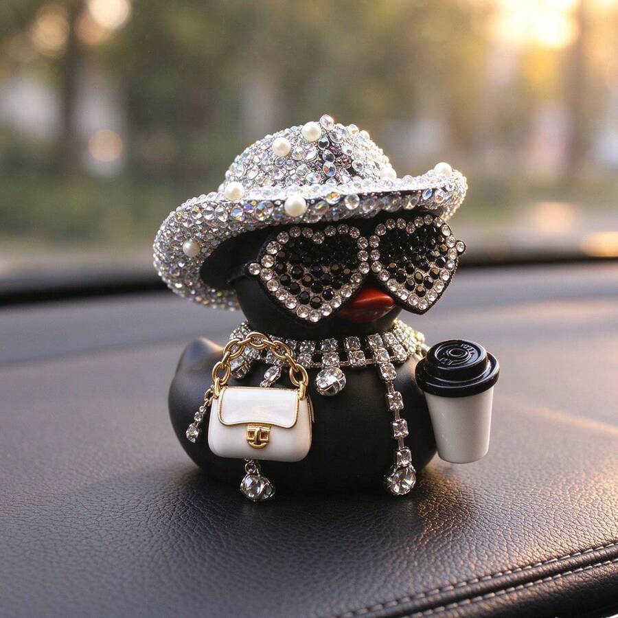 Car Dashboard Duck Ornament, Resin, Black, Full Rhinestone Inlaid, Cute Stylish Design, Small Handbag & Coffee Cup Decor, Tabletop Figurine For Auto Interior Decoration - A - View 1