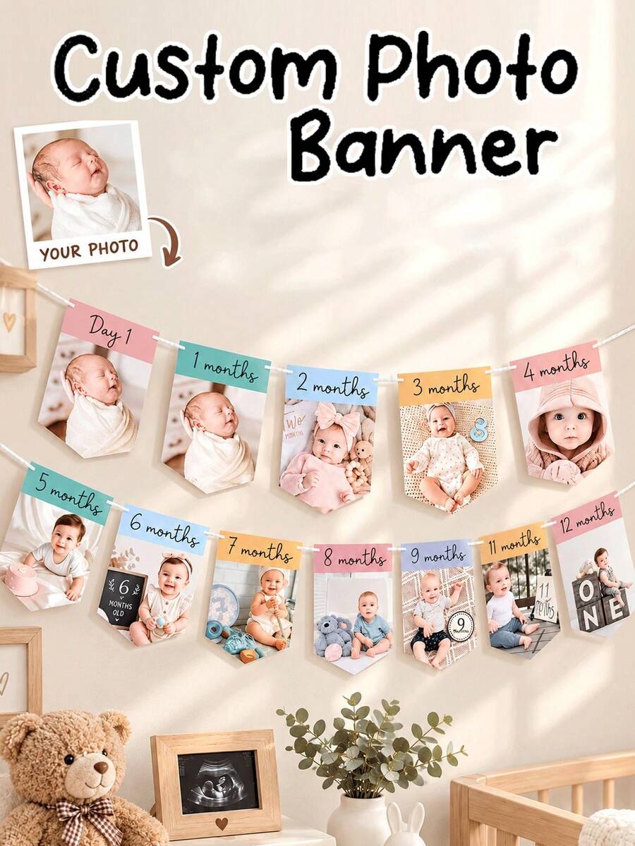 Custom Baby Photo Banner, Personalized 1-12 Month Milestone Garland, Baby First Year Keepsake, Nursery Decor, Baby Shower & Birthday