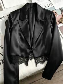 Elegant Satin Cropped Blazer, Lapel Neck Lace Trim Hem Single Button Long Sleeve Outerwea - Black - View 2