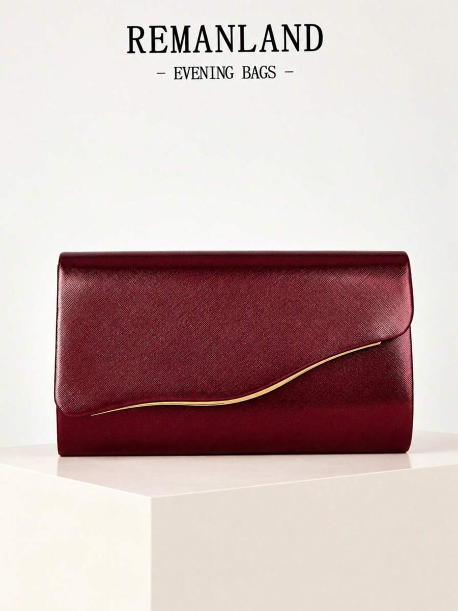 REMANLAND Luxury Solid Color New Women's Clutch Bag, Charming Fashion Flap Party Evening Bag, Perfect Wallet Design, Built-In Hidden Card Slot Compartment, Detachable Metal Chain Shoulder Strap, Suitable For Parties, Evening Events, Gatherings, Weddings And Other Occasions. - Burgundy - View 1