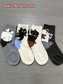 1/4/8 Pairs Autumn Winter New Easy Sweet Cartoon Cat Follow Heel Versatile High Aesthetic Mid-Calf Socks - Multicolor - View 13