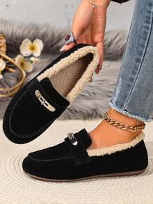 New Thermal Lined Closed-Toe Slippers, Retro Flat Slip-On Shoes For Home And Outdoor Wear, Autumn/Winter - Black - View 2