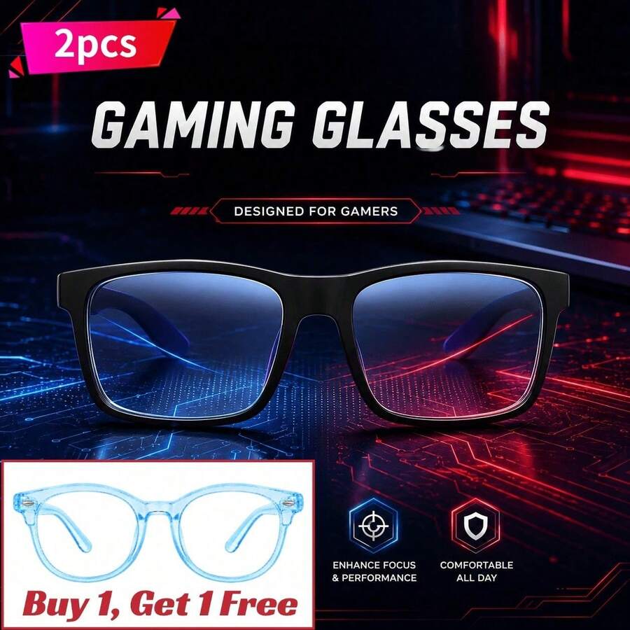 2PCS Unisex Computer Glasses Set, Buy 1 Get 1 Free: Black Frame Skin-Friendly Material Glasses And Blue Frame Glasses, Gaming Glasses, Blue Coated Lenses, Lightweight Square Frame, Comfortable To Wear - Multicolor - View 1