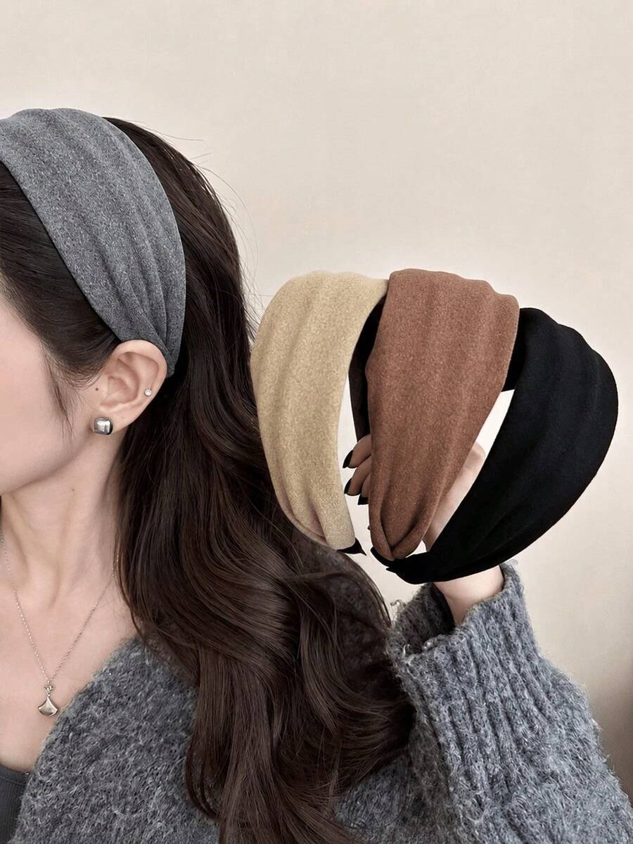 1pc/4pcs Women's Wool High Crown Sponge Headband, Solid Color Face Wash Hair Hoop, Fashionable Versatile Outdoor Hair Accessory, Fluffy Face-Slimming Styling Accessory - Multicolor - View 1