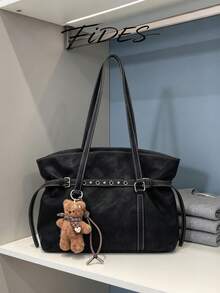 1PC Fashion Metal Buckle Decor PU Fabric Shoulder Underarm Large Capacity Tote Bag For Women, Cool Wide Strap With Bear Accessory, Versatile Solid Color, Suitable For Daily, Business Trip, Photography, Date, Travel And More - Black - View 7