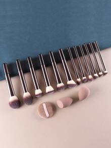 Multifunctional Makeup Brushes: Powder Brush, Blush Brush, Foundation Brush, Eyeshadow Brush, Blending Brush, Contour Brush; Angled Powder Puff, Round Powder Puff. - Brown - View 3