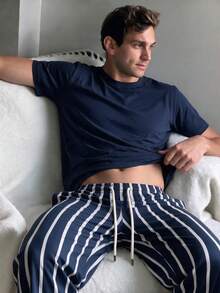 Men's Summer Crew Neck Casual T-Shirt And Striped Long Pants Loungewear Set - Navy Blue - View 2