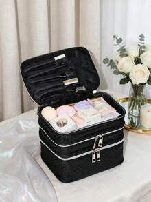 Minimalist Fashion, Black Embroidered Fabric, Extra Large Capacity Makeup Bag, Multi-Functional Three-Layer Partition Storage Bag, Convenient Zippered Toiletry Bag, Easy To Carry, Suitable For Home Daily, Travel, And Use - Black - View 3