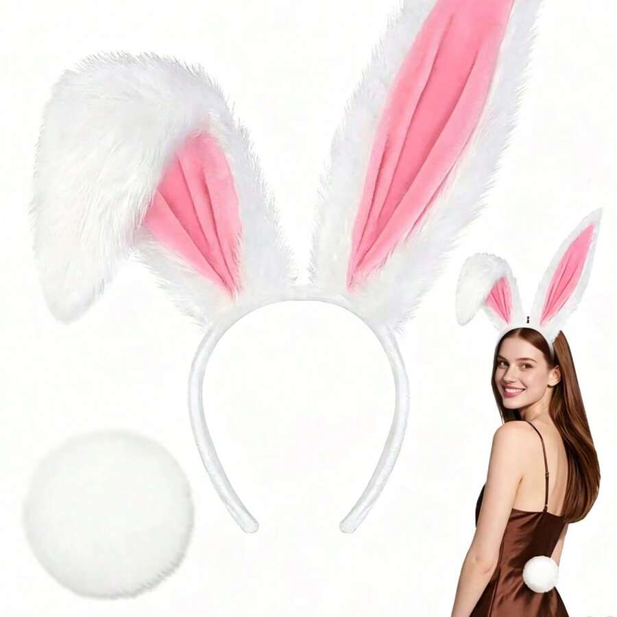 Stage Prop Headpiece Easter Costume Performance 3D Headpiece Multi-Functional Essential Rabbit Tail Combination Set 2pcs Headpiece Holiday Bunny Girl Style Party Rabbit Ear Headband, Halloween, Christmas Costume - Multicolor - View 1