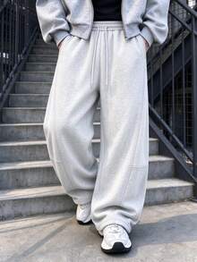 Men's Elastic Waist Drawstring Wide Leg Patchwork Side Seam Light Gray Lamb Fleece Lined Sweatpants Street Casual Daily Wear Autumn/Winter - Light Grey - View 2