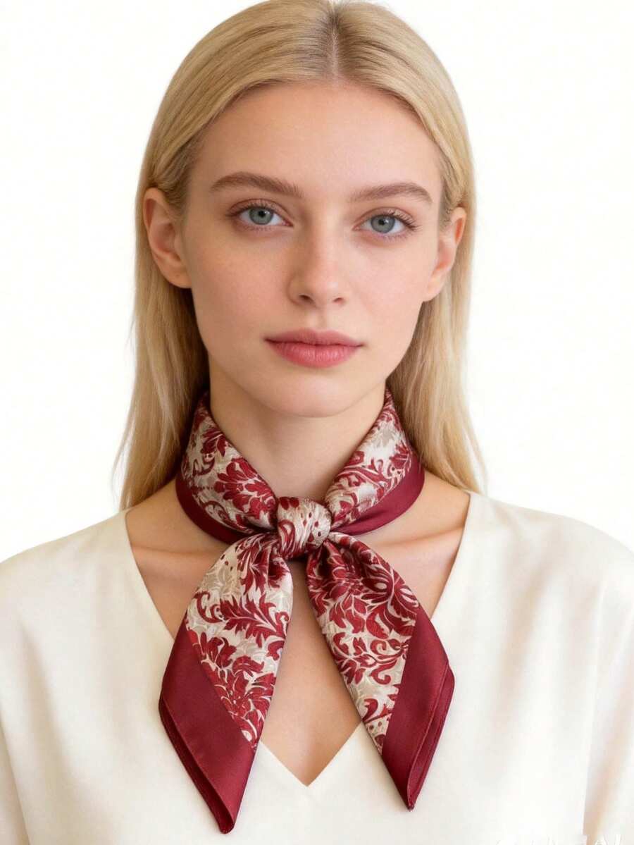 Elegant Burgundy Damask Silk Scarf 70x70cm. Vintage French Style Neck Scarf For Office & Daily Wear.