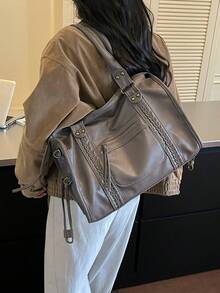 1件復古大容量手提包，復古PU肩背馬鞍包，女款休閒手提包與錢包 - 灰色 - 查看 10