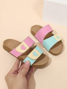 Summer Kids Colorblock Heart Decor Cork Sole Slippers, Girls Adjustable Hook & Loop Strap Slide Sandals For Outdoor - Pink - View 7