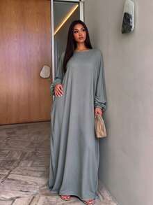 素色寬鬆長袖阿巴亞圓領飄逸穆斯林女款保守長洋裝 - 彩色 - 查看 16