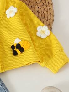 2pcs Set Pakaian Bayi Perempuan Gaya Mori Warna Cerah Motif Lebah Kecil & Bunga, Kardigan Lengan Panjang dengan Celana Denim Bordir, Musim Semi/Musim Gugur - Kuning - View 6