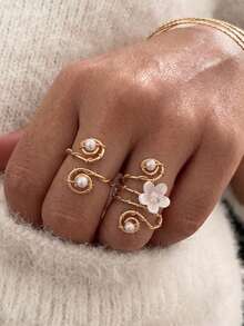 2Pieces Boho Wire Wrapped Pearl Ring Set, Gold Floral Shell Flower Open Ring, Adjustable Stackable Cottagecore Rings For Women, Vintage - Multicolor - View 4