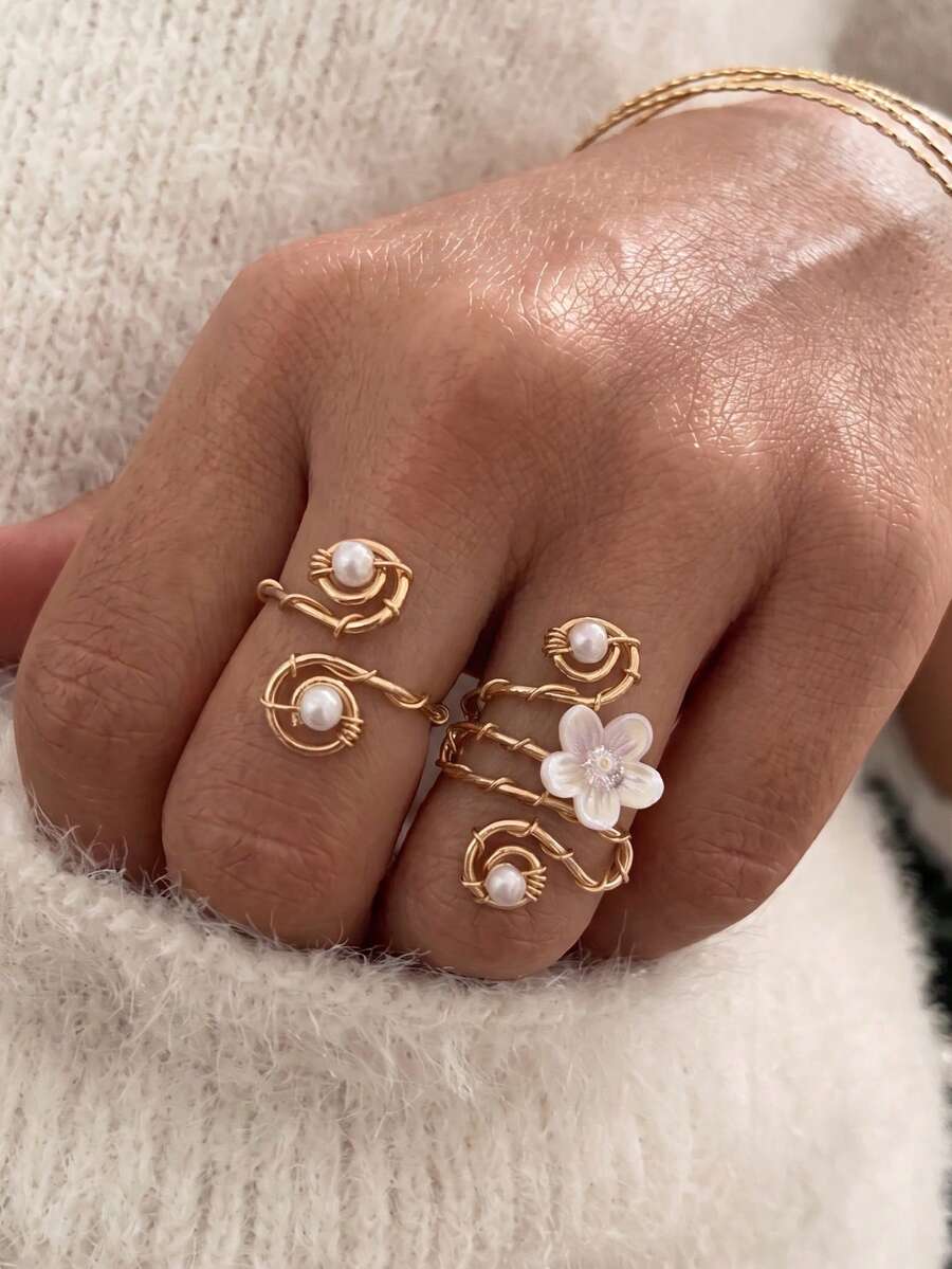 2Pieces Boho Wire Wrapped Pearl Ring Set, Gold Floral Shell Flower Open Ring, Adjustable Stackable Cottagecore Rings For Women, Vintage - Multicolor - View 1