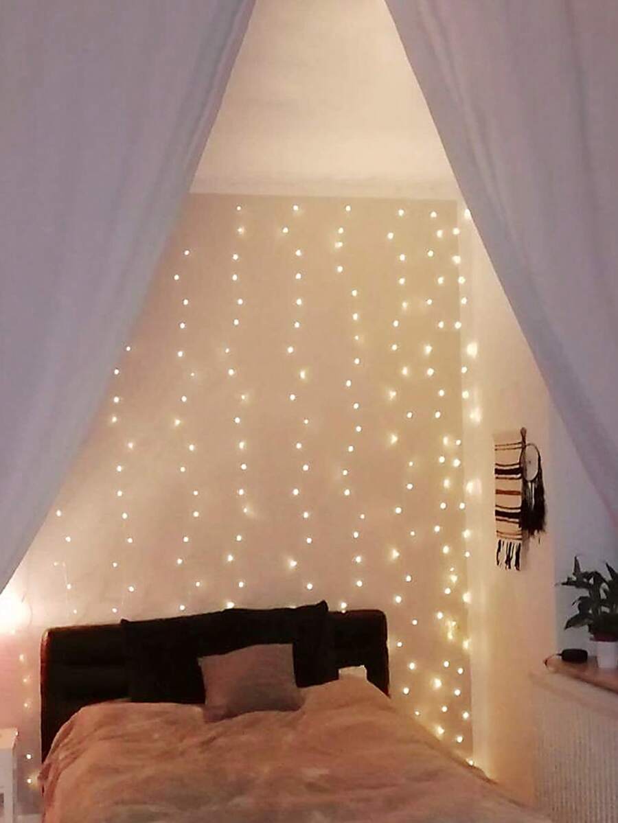 1PC 200 LED 2*2m Copper Wire Curtain Lights Birthday Decoration Scene Arrangement Girl Style Room Decor Bedroom Decor Wall Decor Party Decor USB Fairy Curtain String Lights - Yellow - View 1