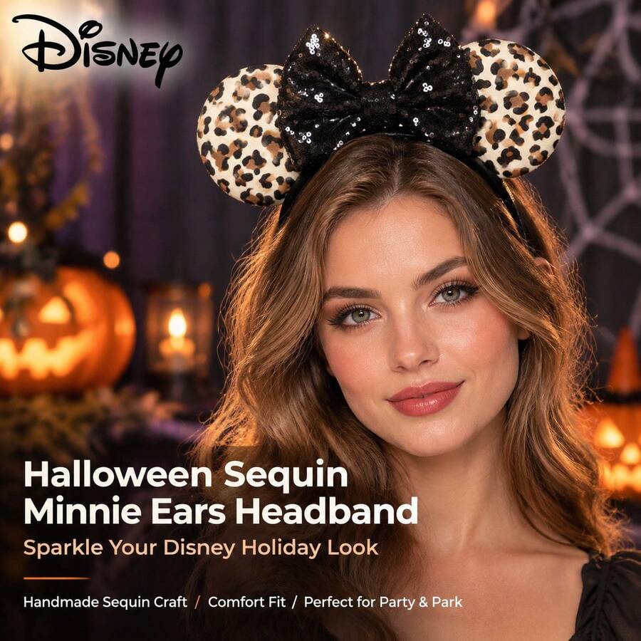 Disney Halloween Leopard Print Minnie Ears Headband, Black Sequin Bow Mouse Ear Hairband, Costume Accessory For Theme Park & Halloween Party - Multicolor - View 1