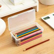 1/2 Large Transparent PP Material Storage Box With Lid, Lightweight, Unfinished Surface, Suitable For Office/Study Supplies, Pens, Pencils, Markers, Crafts, Desktop Storage, Cosmetics, Jewelry, Etc., Suitable For Girls, Bathroom Essential, Vanity Essential, Storage Station Essential - Multicolor - View 2