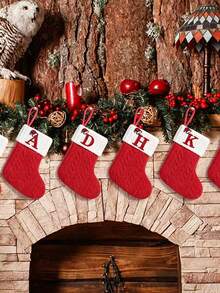 Custom Embroidered Christmas Stocking, Personalized Name Christmas Stocking, Customized Letter Christmas Stocking, Red Cable Knit Sock Body, White Ribbed Cuff, Customizable 26 Embroidered Uppercase Letters; Delicate Christmas Hat Embroidery Above The Letters, Cute Details, Strong Holiday Vibe. Suitable For Hanging On Stairs, Fireplace, Christmas Tree - Multicolor - View 2