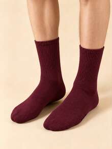 1/7 Pairs Women's Burgundy Vertical Striped Warm Mid-Calf Socks, Breathable Comfortable Casual Sports Socks, Non-Slip, Suitable For All Seasons - Multicolor - View 3