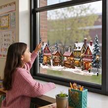 1pc Winter Christmas Wooden House Market Static Sticker, Snowy Scene Pine Tree Warm Holiday Atmosphere Glass Decal - Multicolor - View 3