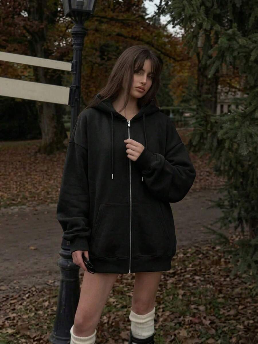 Drawstring Hooded Zip Up Jacket, Long Sleeve Regular Fit Coat With Pockets, Casual Fall Outerwear, Black Non-Stretch Layering Coat For Women - Black - View 1