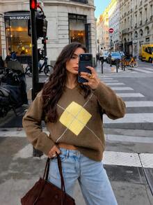 Old Money Women's V-Neck Knitted Sweater, Long Sleeve Loose Drop Shoulder Short Soft Knit Argyle Pattern Minimalist Commute Brown Yellow Argyle Sweater - Brown - View 7