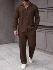 Men's Vintage Dark Brown Shirt Set, Long Sleeve Lapel Jacket With Wide Leg Pants, Textured Fabric, Fresh And Fitted - Coffee Brown - View 3