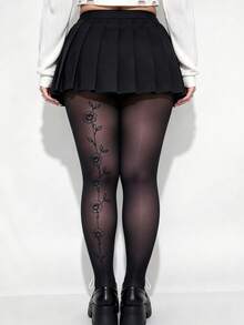 1 Pair Women's Plus Size Rose Vine Print Pattern Pantyhose, Soft & Comfortable, High Elasticity Semi-Sheer, All-Match Versatile Style - Multicolor - View 1