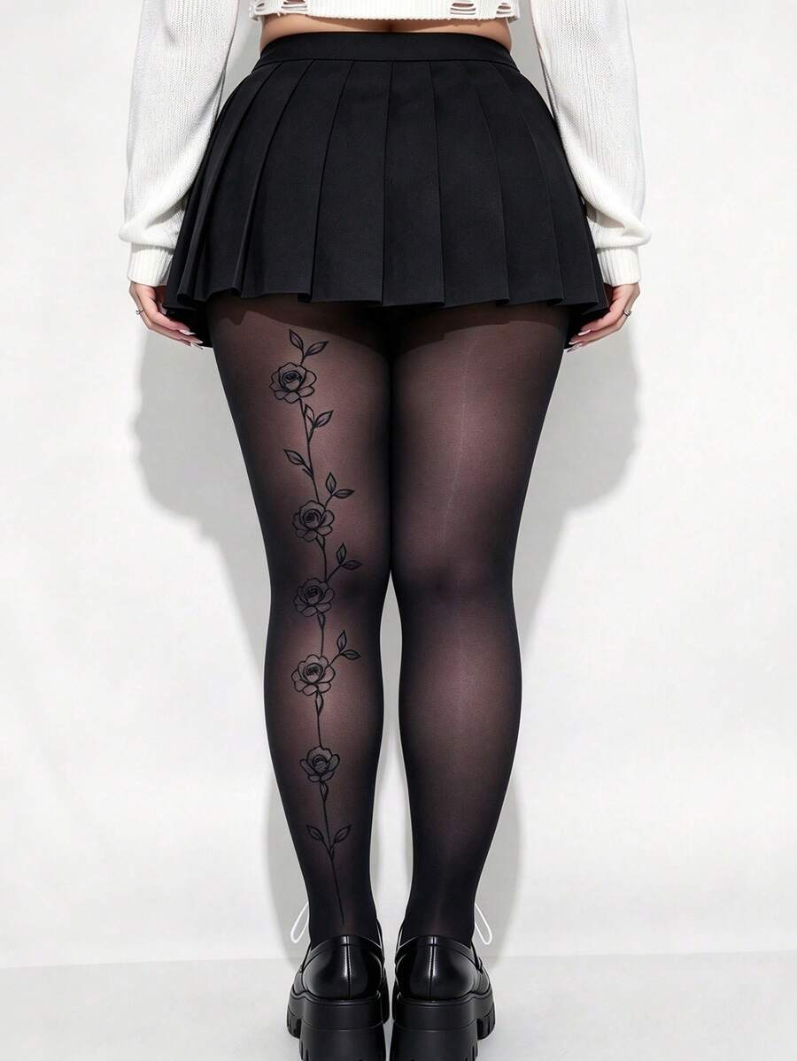 1 Pair Women's Plus Size Rose Vine Print Pattern Pantyhose, Soft & Comfortable, High Elasticity Semi-Sheer, All-Match Versatile Style - Multicolor - View 1