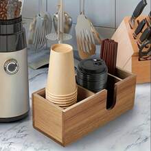 1pc Bamboo Wooden Coffee Storage Box, Creative Coffee Bar Countertop Organizer With Divided Sections, Wooden Cup Holder Storage Rack, Cup, Lid, Straw, Stirrer Stick Storage Basket, Suitable For Kitchen, Office, Home Coffee Bar Accessories - Wood Color - View 5