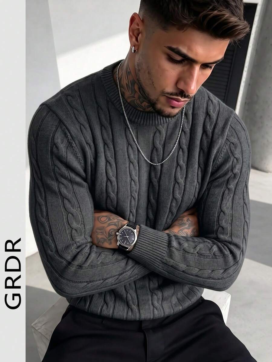 GRDR Men's Autumn/Winter Crew Neck Cable Knit Ribbed Sweater