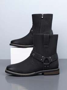 Men's Vintage Buckle Mid-Calf Boots, Side Zipper Fashion Riding Boots, Casual Chunky Heel Boots For Daily Wear - Black - View 2